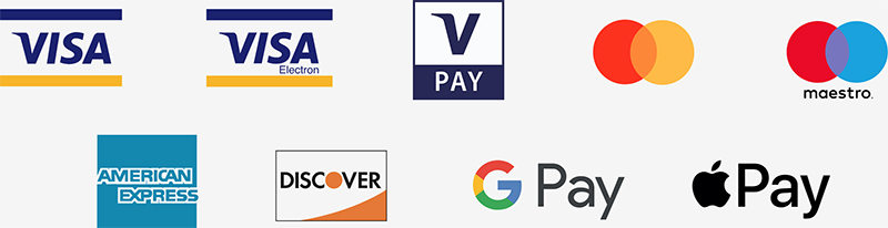 Accepted Cards - Visa, Mastercard, Apple Pay, Google Pay